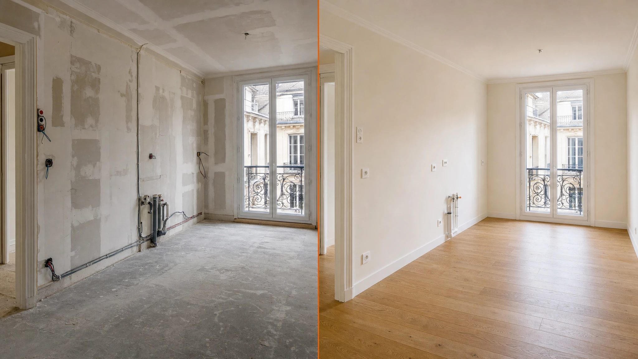 Avant et après d’une même pièce, du chantier brut à la pièce finie prête pour la cuisine